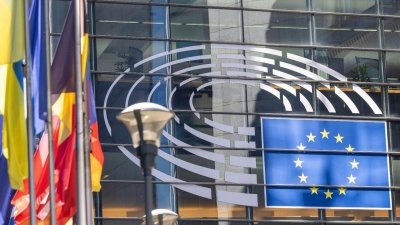 Die Flaggen der europäischen Mitgliedsstaaten wehen vor dem Gebäude des Europäischen Parlaments. (Foto: Thomas Banneyer/dpa)