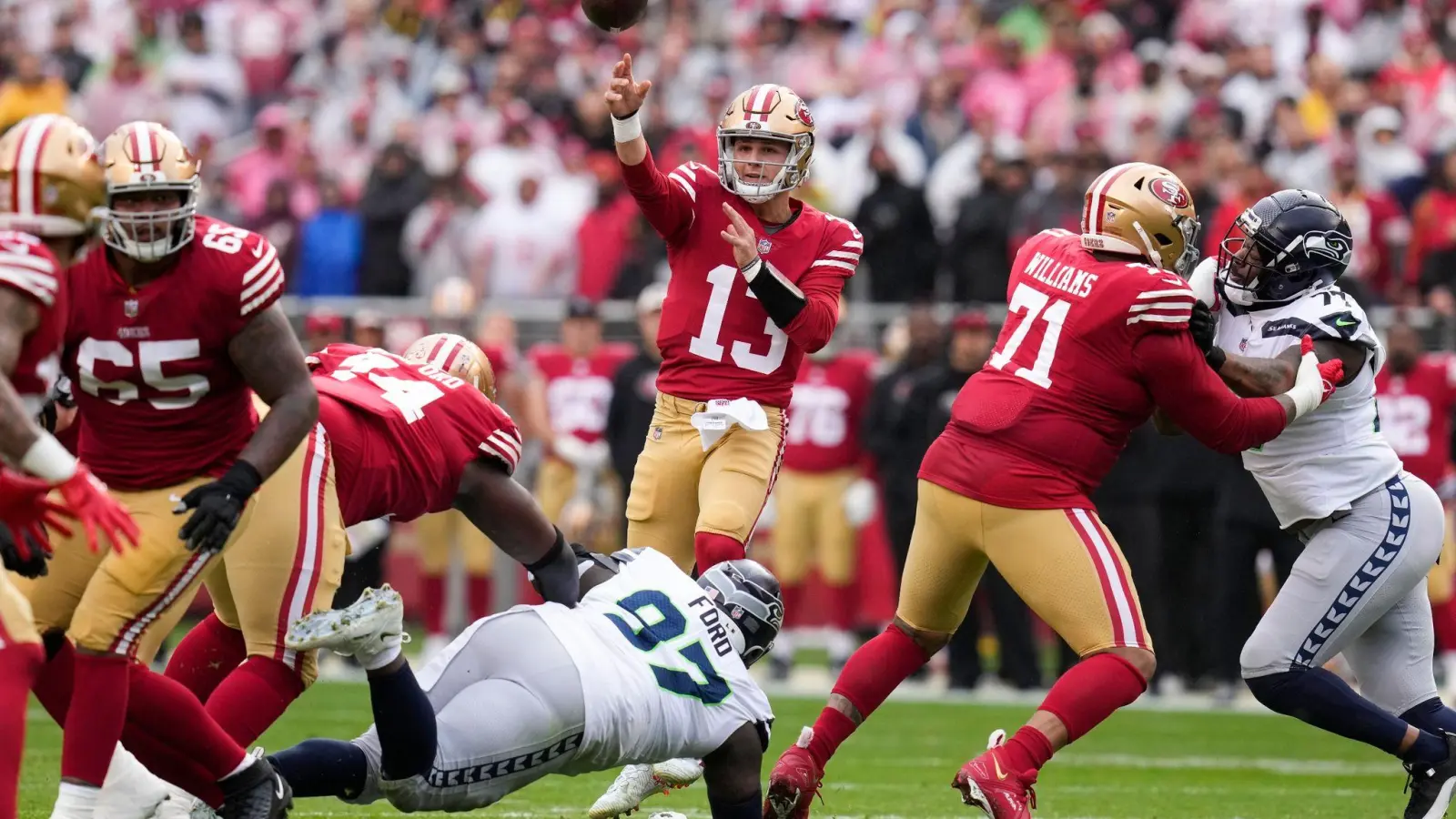 San Francisco 49ers Quarterback Brock Purdy (13) wirft einen Pass. (Foto: Godofredo A. Vásquez/AP/dpa)