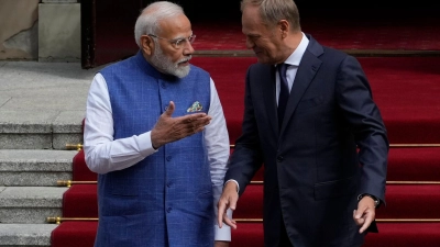 Der indische Ministerpräsident Narendra Modi im Gespräch mit seinem polnischen Amtskollegen Donald Tusk (Foto Aktuell) (Foto: Czarek Sokolowski/AP/dpa)