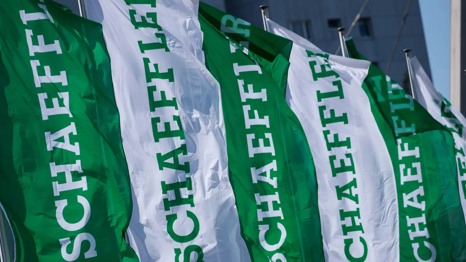 Fahnen mit dem Schriftzug der Schaeffler AG wehen am Rande der Hauptversammlung des Unternehmens. (Foto: Daniel Karmann/dpa)