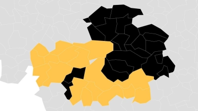 Karte des Landkreises Neustadt/Aisch-Bad Windsheim: in schwarz die Kommunen, in denen von Dobschütz (CSU) die meisten Stimmen erhielt - in gelb diejenigen, in denen Kreß (Freie Wähler) die Nase vorn hatte. (Foto: Datawrapper/FLZ/Susanne Pfahler)