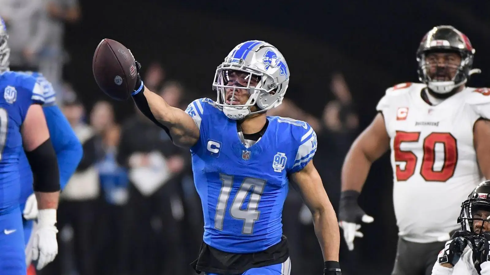 Er trägt die Nummer 14 und er ist in Topform: Amon-Ra St. Brown von den Detroit Lions. (Foto: Jose Juarez/AP/dpa)