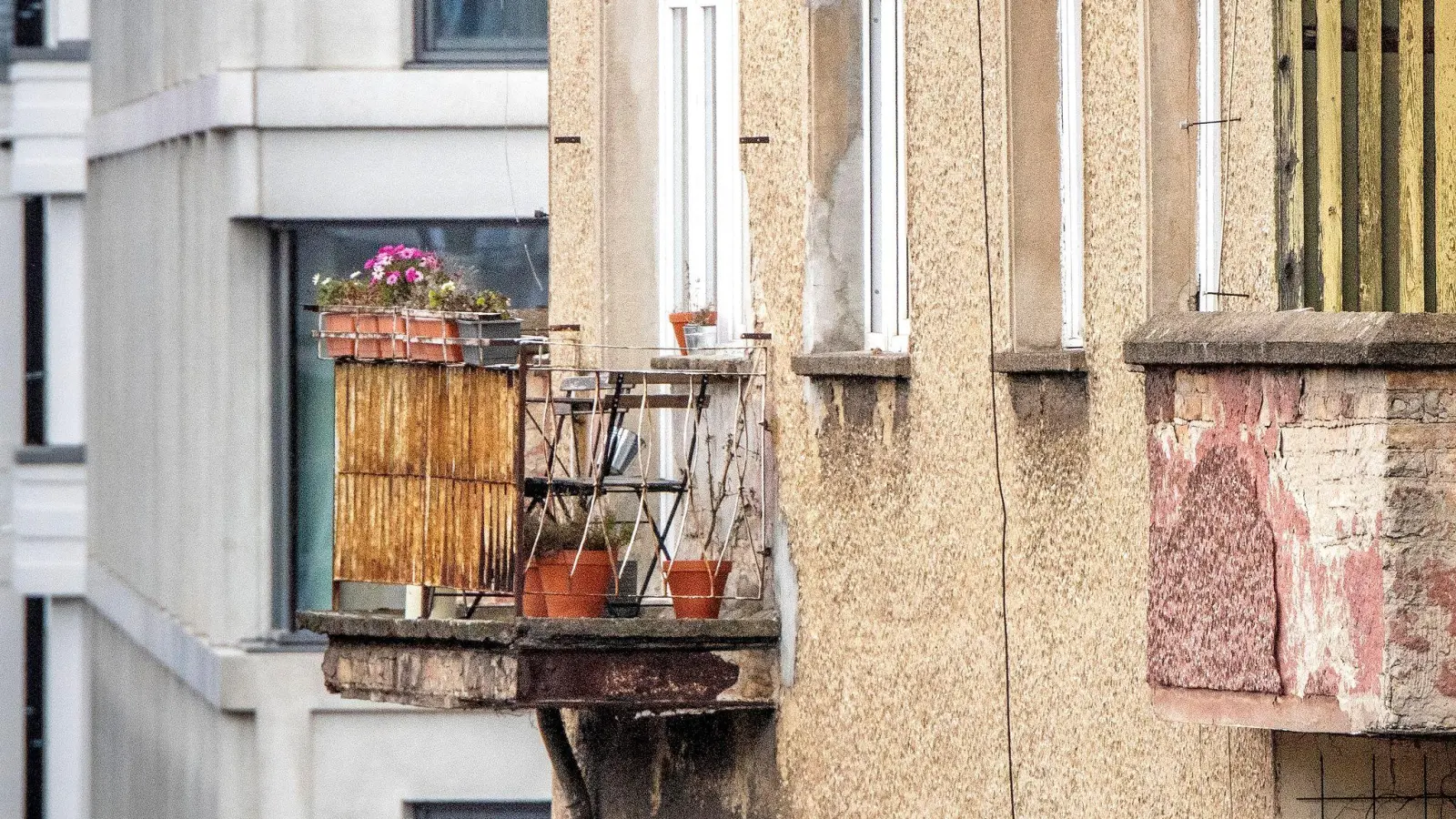 Einige Alarmsignale sollten Mieter und Eigentümer ernst nehmen: Risse im Beton, schiefe Holzteile oder Algenbildung können auf Schäden am Balkon hinweisen. (Foto: Zacharie Scheurer/dpa-tmn)