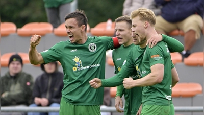 In der Regionalliga feierte die SpVgg Ansbach nach vier Heimspielen in Serie ohne Dreier endlich wieder einen Erfolg. 1:0 gegen den FV Illertissen. Hier freuen sich Tobias Dietrich, Riko Manz, Michael Sperr und Niklas Seefried (von links) über das einzige Tor der Partie. (Foto: Martin Rügner)