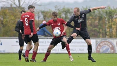 In einer intensiven Partie unterlag der SV Arberg (am Ball Jan Dietrich) den Spfr Dinkelsbühl (rechts Daniele Consentino) mit 1:2. Am Sonntag empfangen die Arberger den SV Alesheim, die Sportfreunde spielen bereits am Samstag ebenfalls zuhause gegen den FC Schwand. (Foto: Martin Rügner)