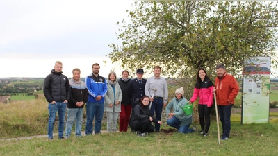 Viele Helfer für fünf Osterglockenzwiebeln (von links): Franz Müller, Armin Allmoslechner, Benjamin Herrmann, Heidi Beigel, Ivonne Kleinschroth, Manuel Krauß, Luise Hegwein (unten), Tommy Neumeister, Nicole Blank (unten), Christina Alt und Karl Schmidt. (Foto: Arbeitskreis „1200 Jahre Ippesheim“)