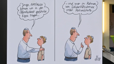 Karikaturen wie diese von Heiko Sakurai sind noch bis zum 5. Oktober bei der Ausstellung „Antisemitismus für Anfänger“ im Foyer des Theater Ansbach zu sehen. (Repro: Anna Beigel)