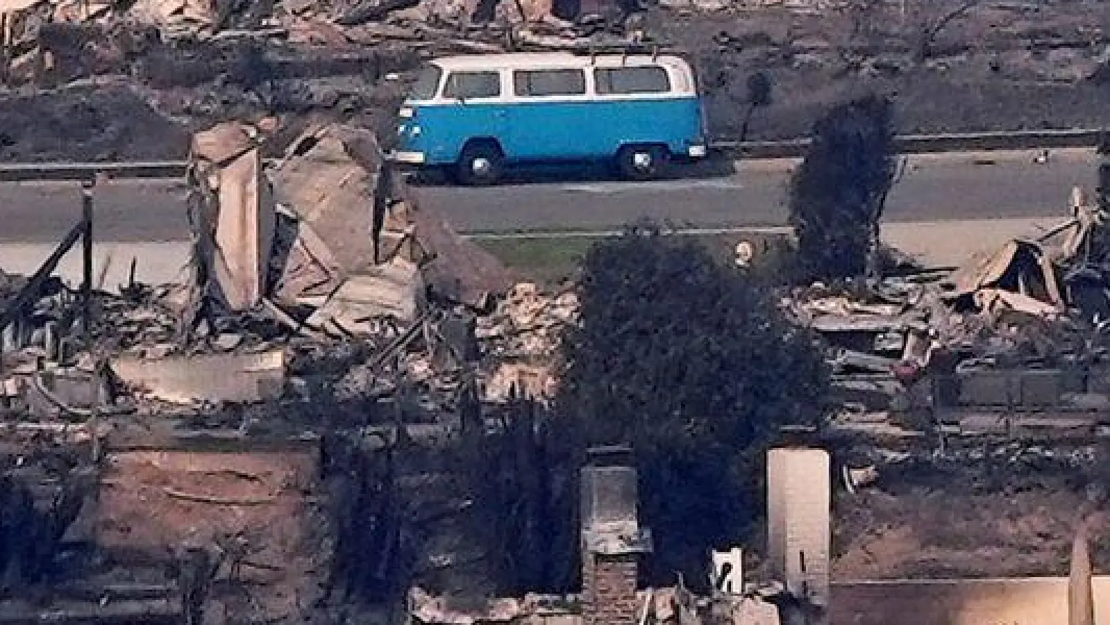 Ein VW-Bus steht zwischen ausgebrannten Häusern in Malibu. (Foto: Mark J. Terrill/AP/dpa)