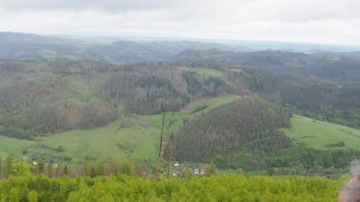 Ausblick von der Thüringer Warte: Der Aussichtsturm auf dem Gipfel des Ratzenbergs ist ein fantastischer Thron über dem „Grünen Band“. (Foto: Andreas Drouve/dpa-tmn)