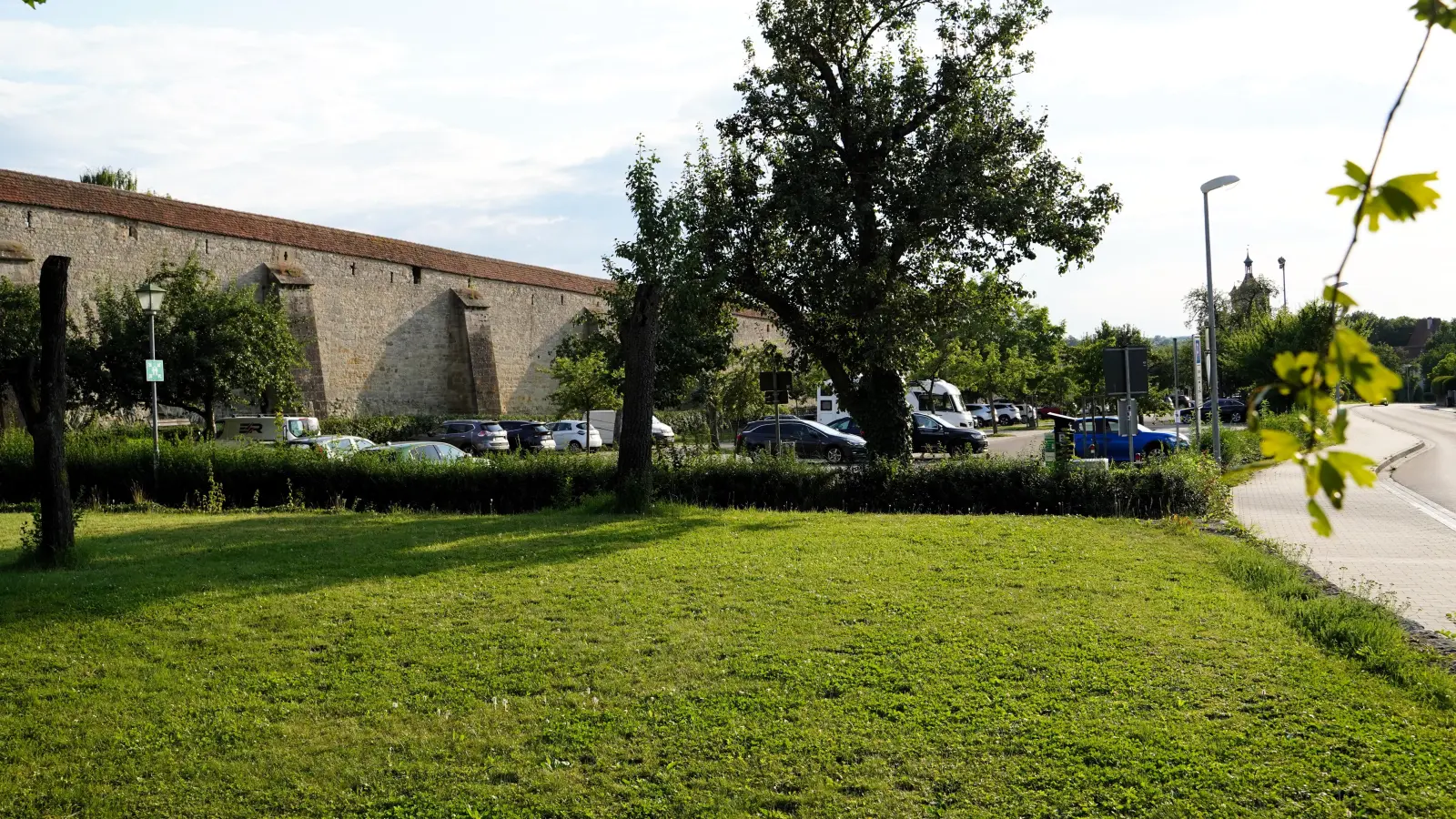 Auf der Grünfläche neben dem Parkplatz am Bezoldweg hätten die zwei Fitnessgeräte aufgestellt werden sollen. Jetzt wird noch einmal neu überlegt. (Foto: Simone Hedler)