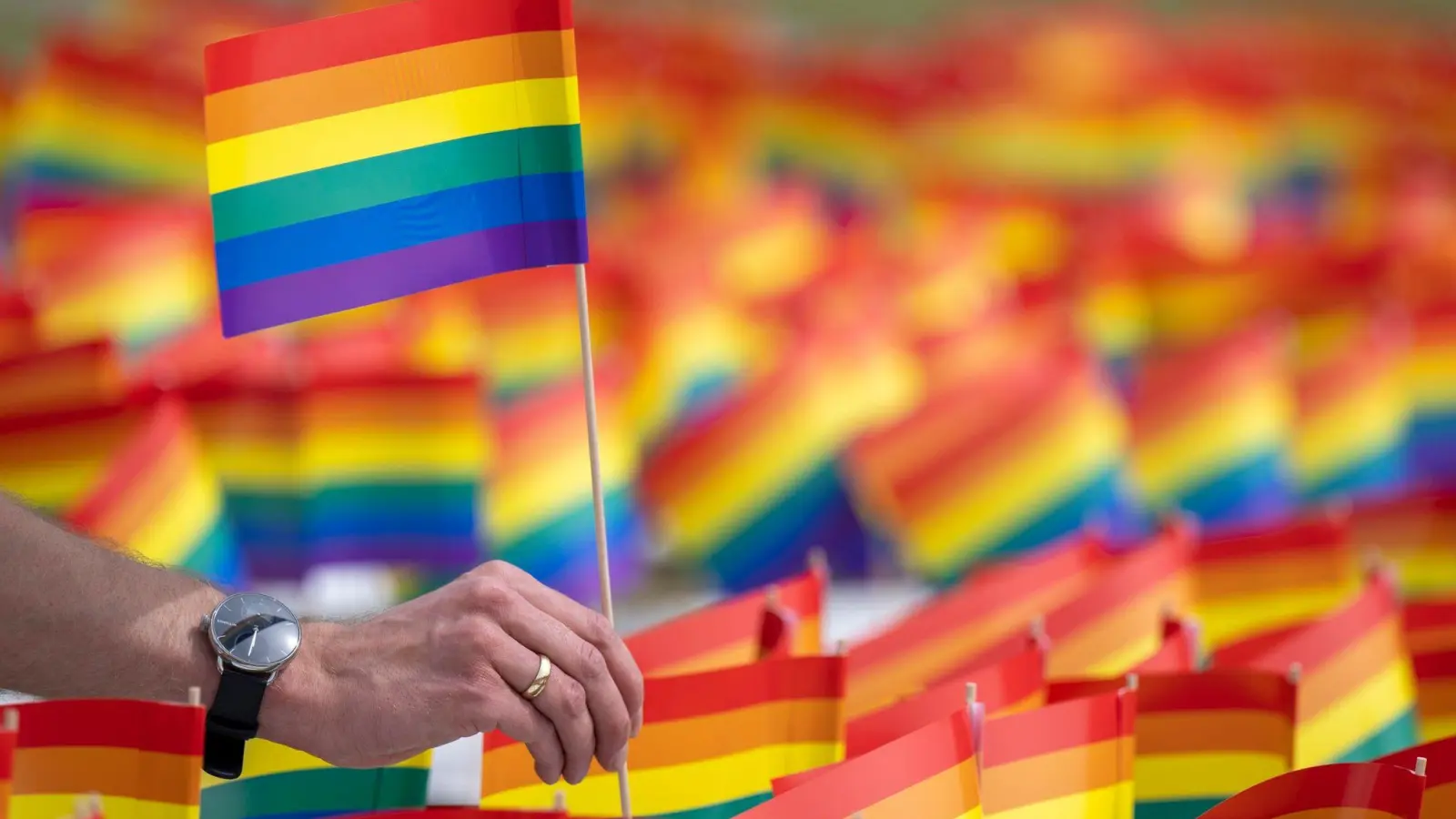 Ein Mann hält ein Regenbogenfähnchen in der Hand. (Foto: Monika Skolimowska/dpa/Symbolbild)