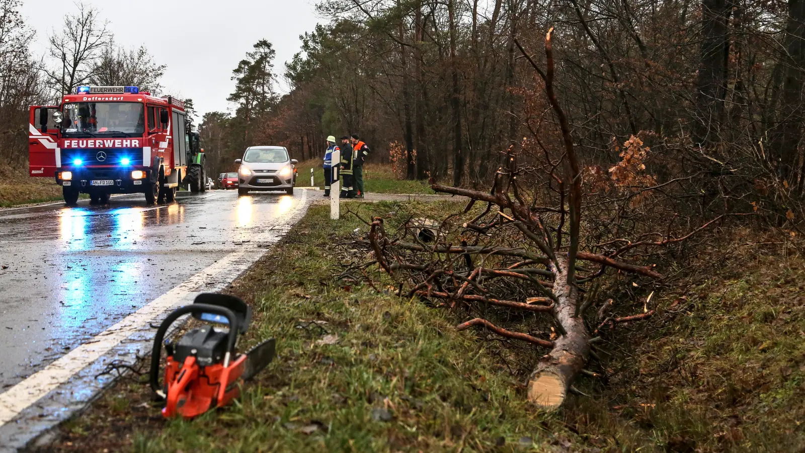 Nachdem sich das Sturmtief verzogen hatte, meldete die Integrierte Leitstelle am Sonntag nur noch einige umgestürzte Bäume. Zu einem solchen Einsatz zwischen Sachsbach und Waizendorf war die Feuerwehr Deffersdorf bereits am Samstag gerufen worden. (Foto: Tizian Gerbing)