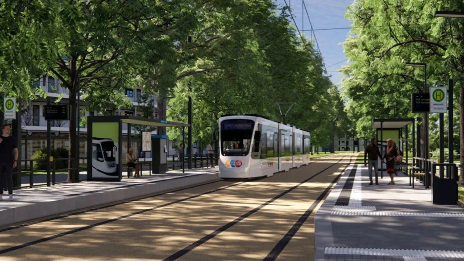 Die Visualisierung des Zweckverbands Stadt-Umland-Bahn (StUB) zeigt die Haltestelle Gebbertstraße in Richtung der Erlanger Innenstadt, wie sie nach Umsetzung der Pläne für die Tram durch die Städte Nürnberg, Erlangen und Herzogenaurach einmal aussehen könnte. (Foto: Claus Hirche/ZV StUB/dpa/Archivbild)