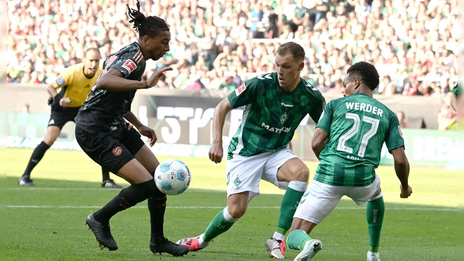 Michael Olise (l) brachte Bayern München früh in Führung. (Foto: Carmen Jaspersen/dpa)