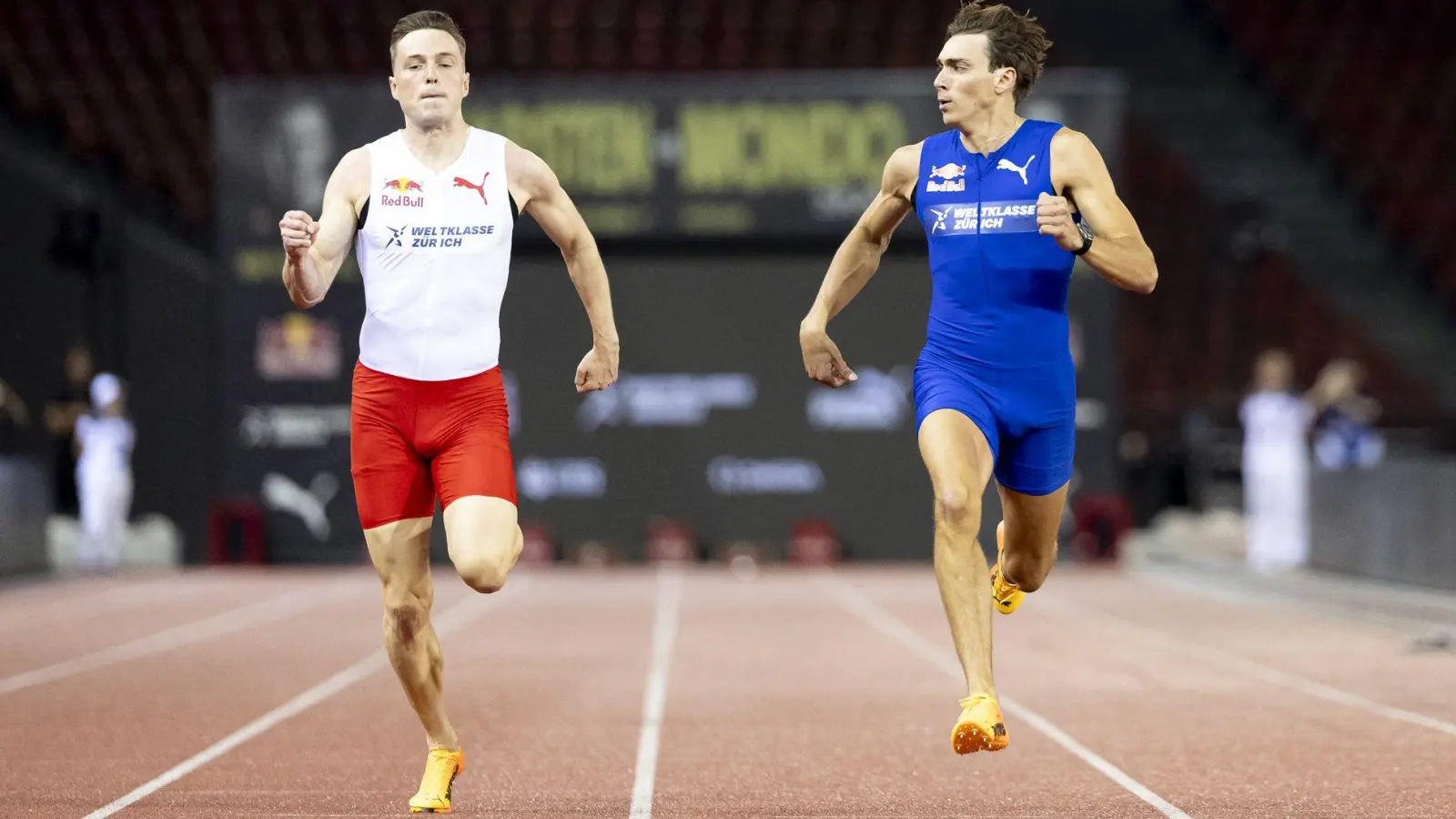 Stabhochspringer Armand Duplantis ließ Hürdenläufer Karsten Warholm keine Chance über 100 Meter. (Foto: Michael Buholzer/KEYSTONE/dpa)