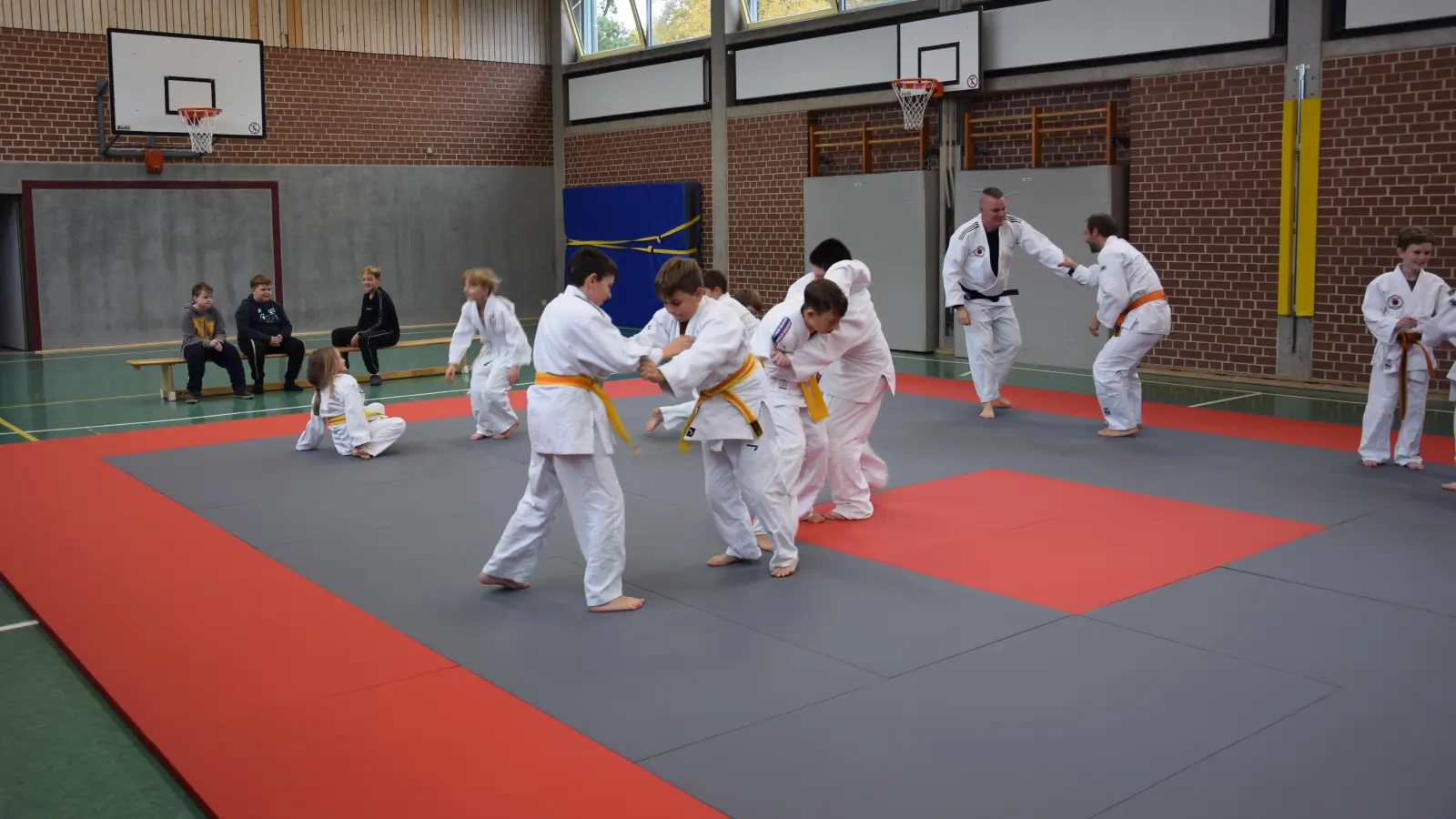 Zweimal in der Woche kommen die Schüler in der Sporthalle des Förderzentrums in Neuendettelsau zusammen, um von Lehrer Patrick Seitz (Zweiter von rechts) in Judo unterrichtet zu werden. (Foto: Florian Schwab)