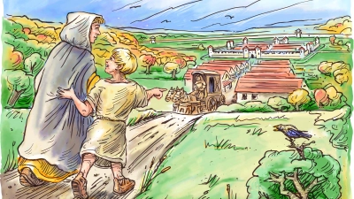 In dieser Szene, im Buch das Kapitel 5, ist Rufus mit seiner Mutter unterwegs in Richtung des benachbarten Kastells nach Dambach. Bis heute ist das Aussehen des Kastells Dambach ungeklärt. (Illustration: Horst Rothe)