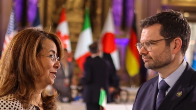 Bundesjustizminister Marco Buschmann (FDP) nimmt an einem Treffen der Justizminister der G7-Staaten teil - an der Seite von Ghada Waly (l), Generaldirektorin des Büros der Vereinten Nationen (UNOV). (Foto: -/Bundesjustizministerium/dpa)