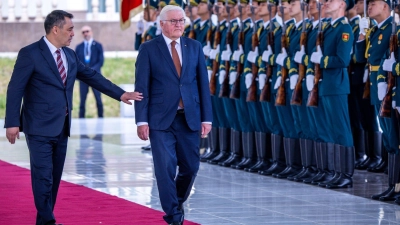 Bundespräsident Frank-Walter Steinmeier wird in Bischkek von seinem kirgisischen Amtskollegen Sadyr Schaparow (l) empfangen. (Foto: Jens Büttner/dpa)