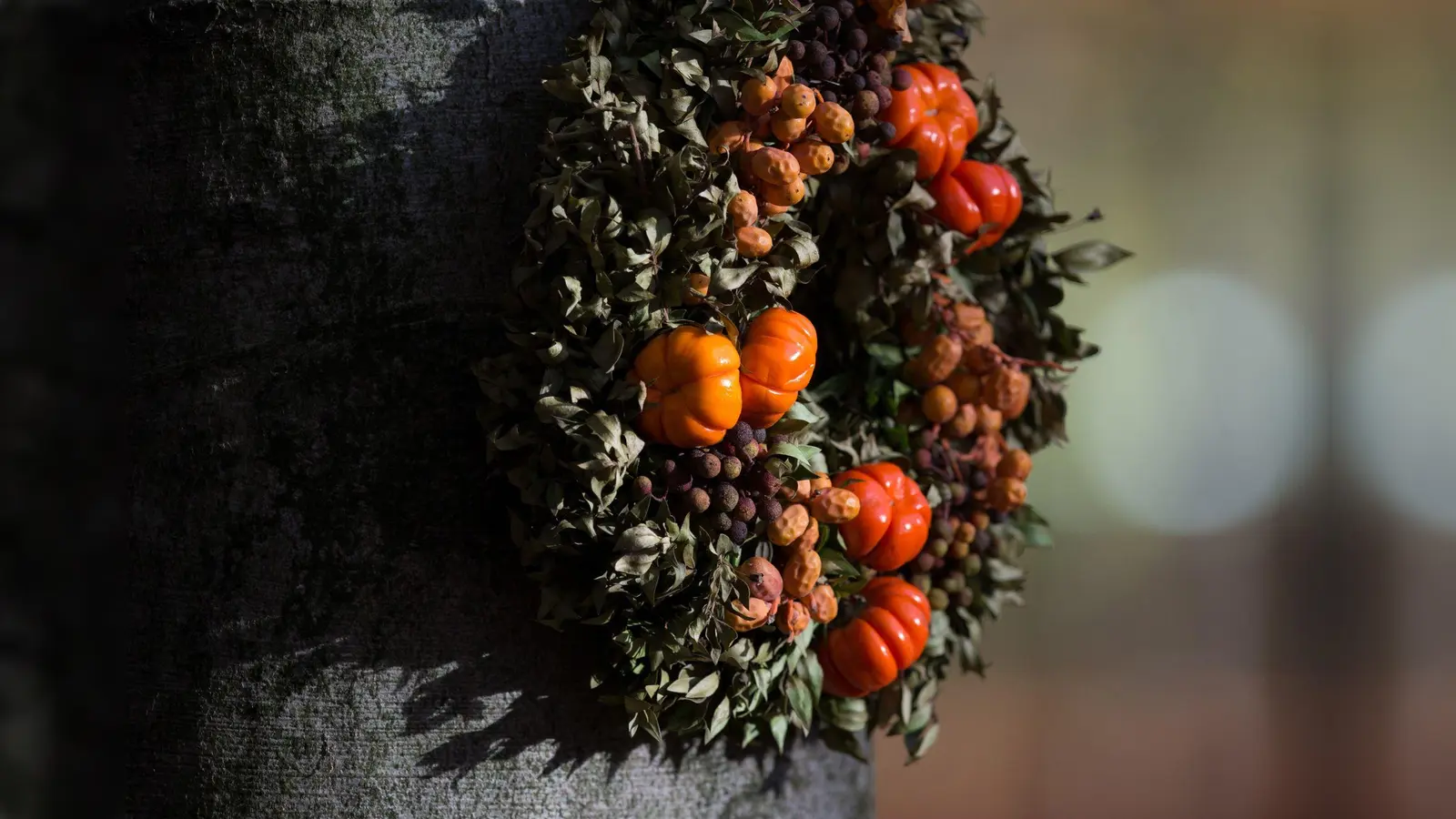 Ein Kranz besetzt mit Herbstfrüchten kann auch im Garten für eine stimmungsvolle Atmosphäre sorgen. (Foto: Friso Gentsch/dpa/dpa-tmn)