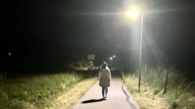Bei Bedarf springen die Lampen entlang des Fuß- und Radweges zwischen Herrieden und dem Ortsteil Hohenberg an. Möglich ist dies, weil in der Beleuchtung ein Präsenzmelder verbaut ist. (Foto: Florian Pöhlmann)