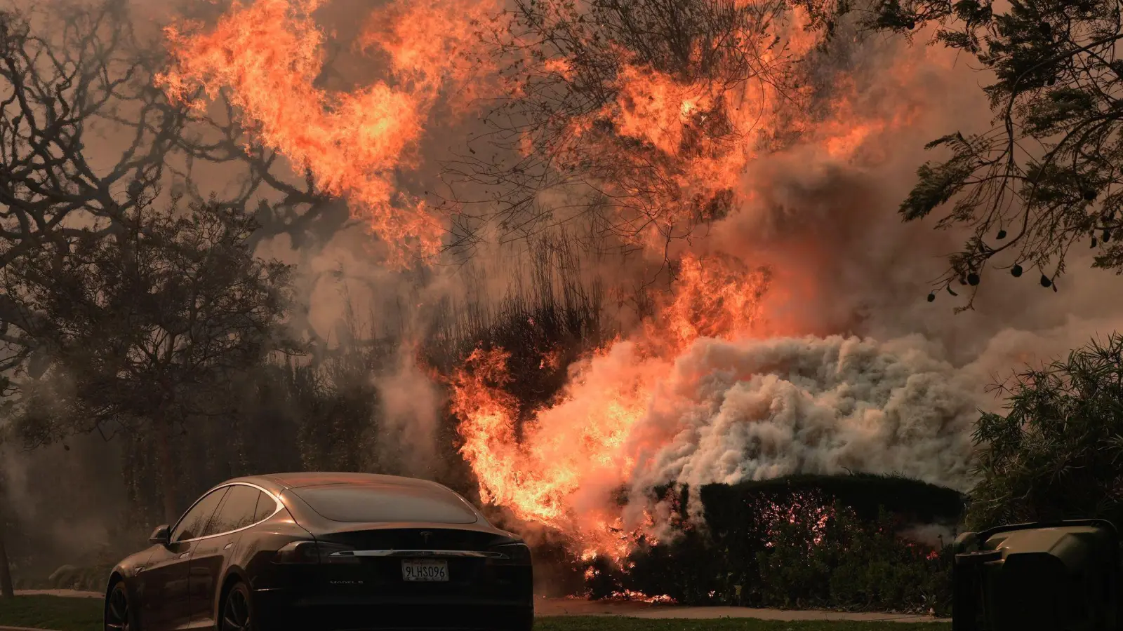 Das „Palisades Fire“ wütet inmitten starker Winde.  (Foto: Damian Dovarganes/AP/dpa)