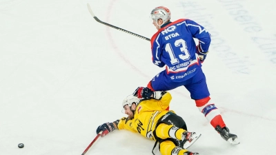 Mannheims Kais Bennett (l) und Nürnbergs Ryan Stoa kämpfen um den Puck. (Foto: Uwe Anspach/dpa)