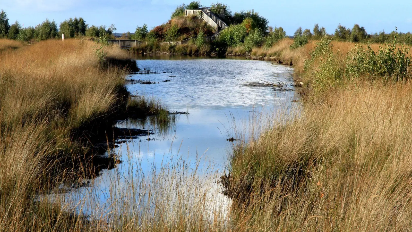 Flaches Land braucht keine hohen Türme: Von dieser Aussichtsplattform in der Esterweger Dose reicht der Blick weit in die Ferne. (Foto: Bernd F. Meier/dpa-tmn)