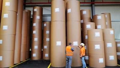 Zwei Arbeiter in einer Papierfabrik vor verpackten Papierrollen. (Foto: Jonas Güttler/dpa)