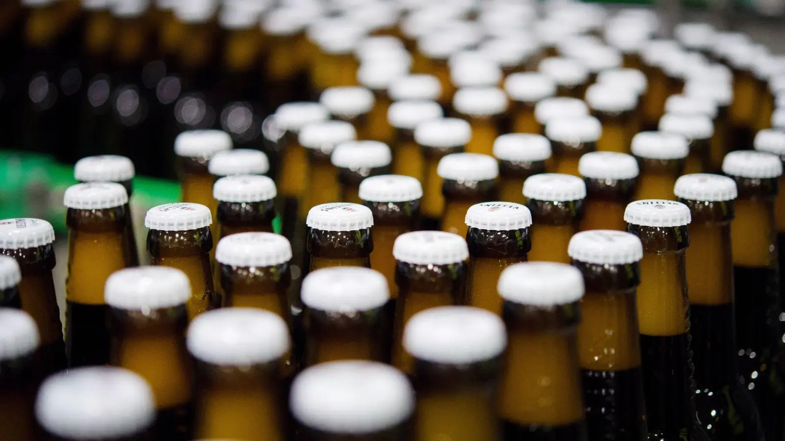 Bierflaschen mit Kronkorken laufen durch die Produktion der Veltins-Brauerei in Meschede-Grevenstein über die Förderbänder einer Befüllungsanlage. (Foto: Rainer Jensen/dpa)