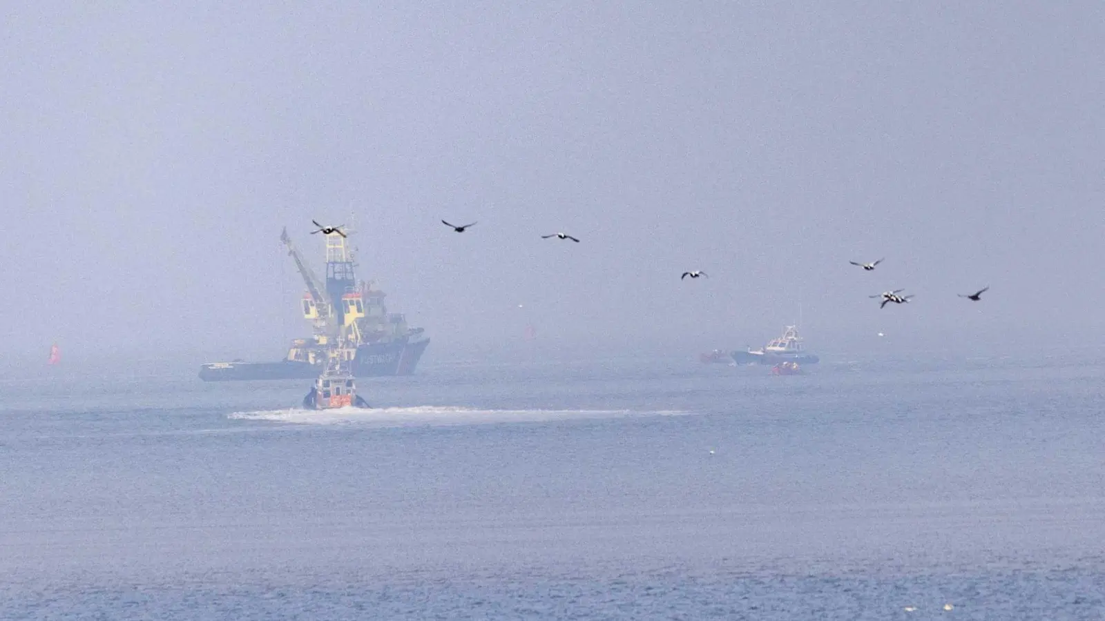 Rettungsdienste suchen nach einer Kollision zwischen eines Wassertaxis mit einer Fähre vor der niederländischen Küste nach vermissten Personen. (Foto: Jaring Rispens/ANP/dpa)