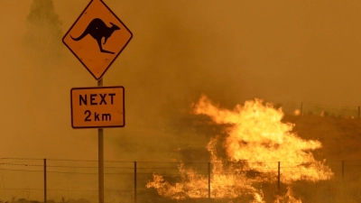 Feuer brennt im Gras in der Nähe von Bumbalong, südlich der australischen Hauptstadt Canberra. (Foto: Rick Rycroft/AP/dpa)