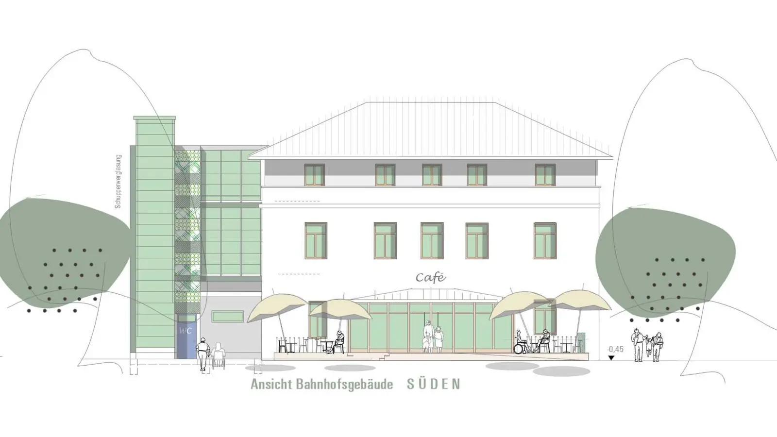 So soll das neue Bad Windsheimer Bahnhofsgebäude nach dem Umbau aussehen. Das Highlight: ein Café samt Reisekiosk im Erdgeschoss. (Visualisierung: Birgit Dehner)